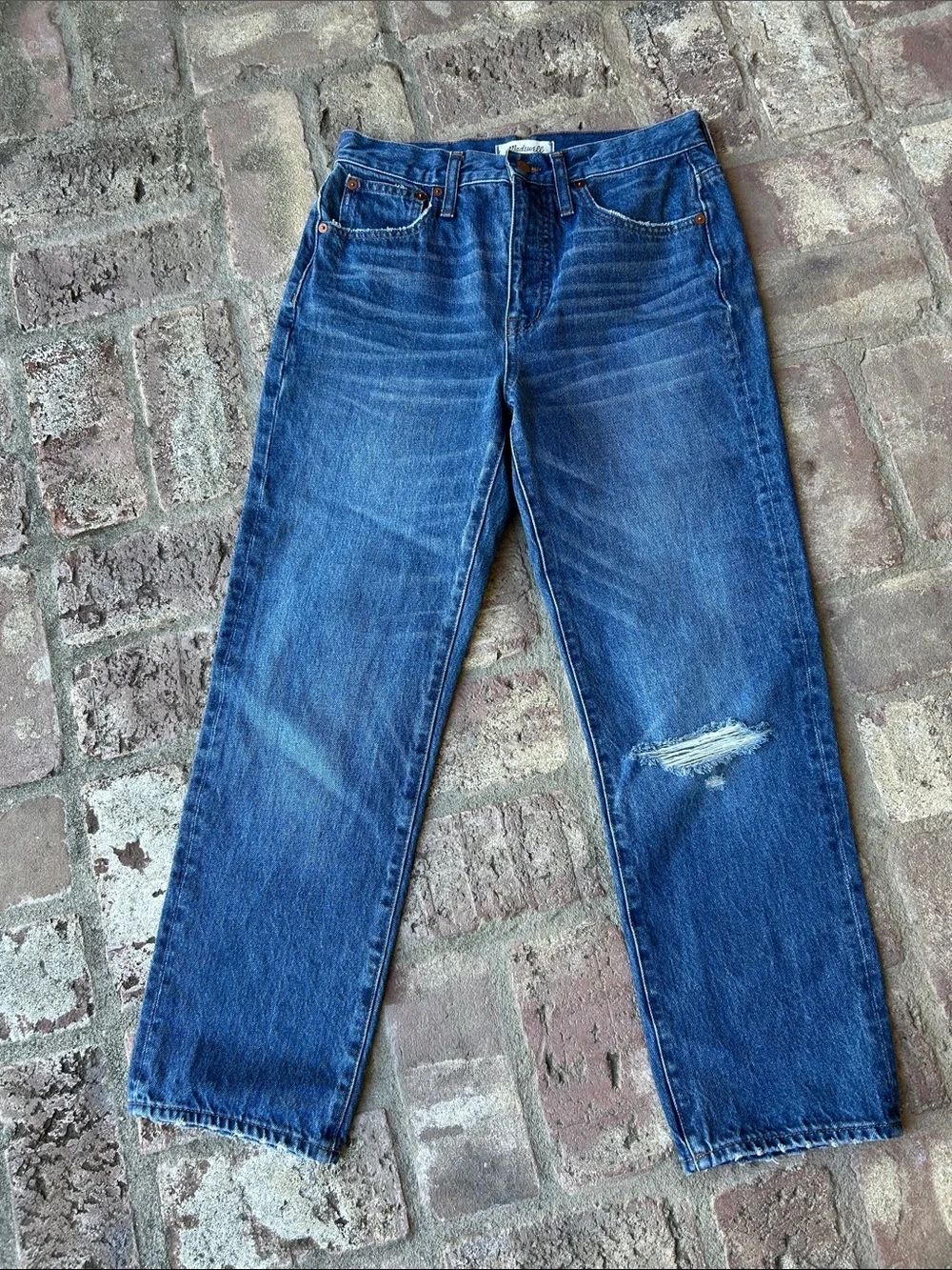 Madewell Classic Straight High Waisted Blue Distressed Jeans